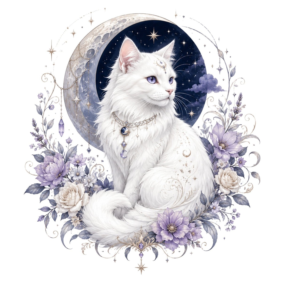 تيشيرت نسائي بتصميم Moonlit White Cat
