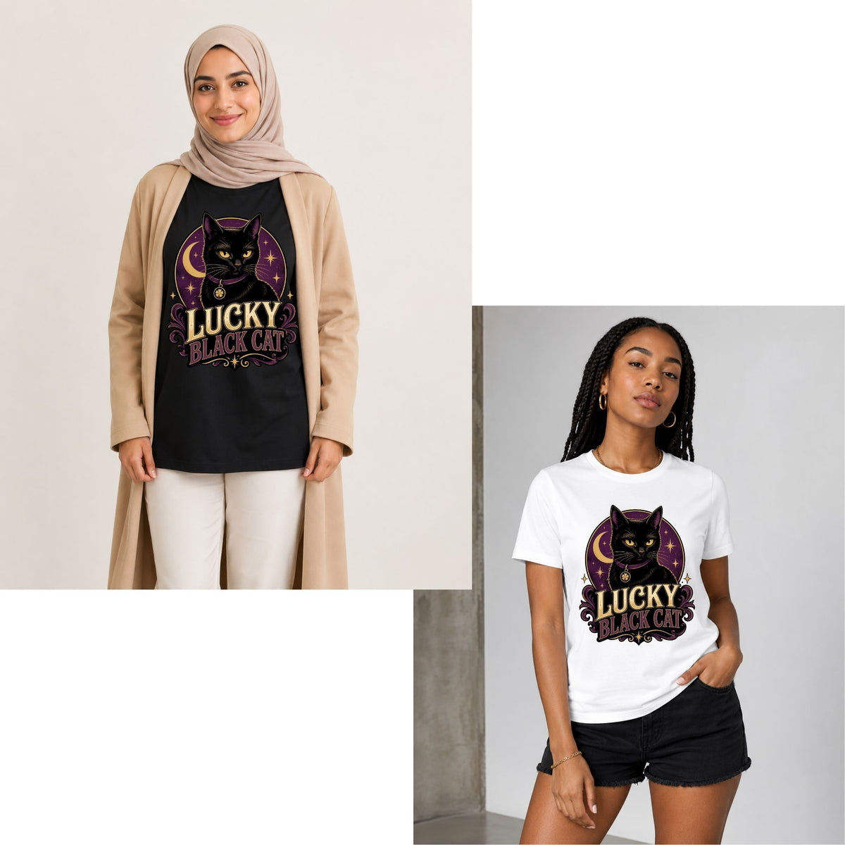 تيشيرت نسائي بتصميم Lucky Black Cat