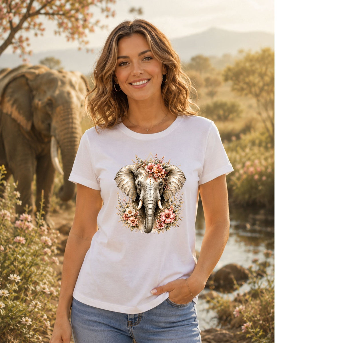 تيشيرت نسائي بتصميم Majestic Elephant Floral Crown