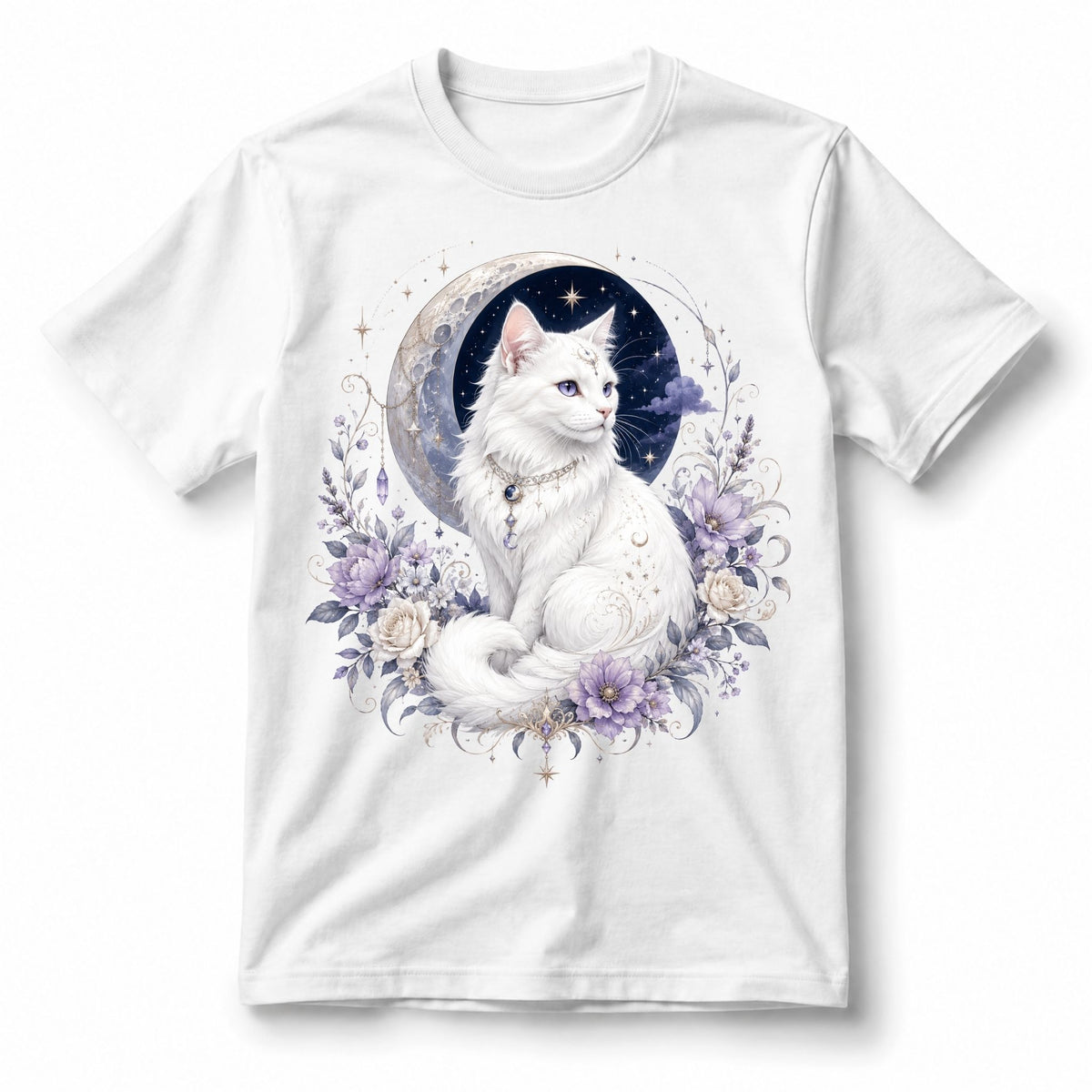 تيشيرت نسائي بتصميم Moonlit White Cat