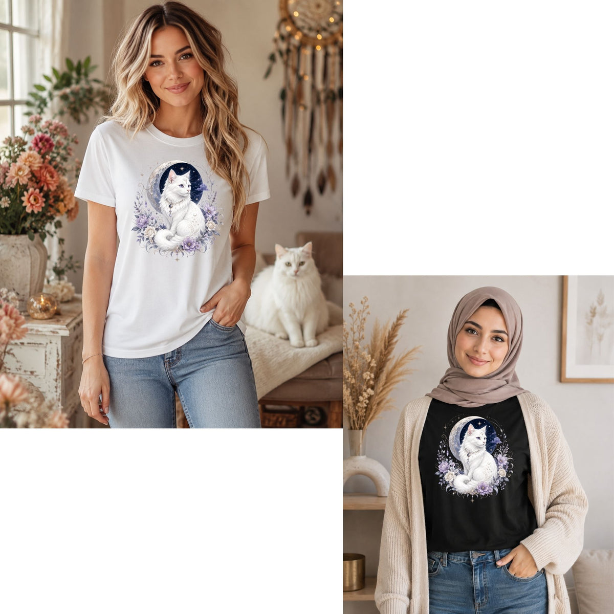 تيشيرت نسائي بتصميم Moonlit White Cat