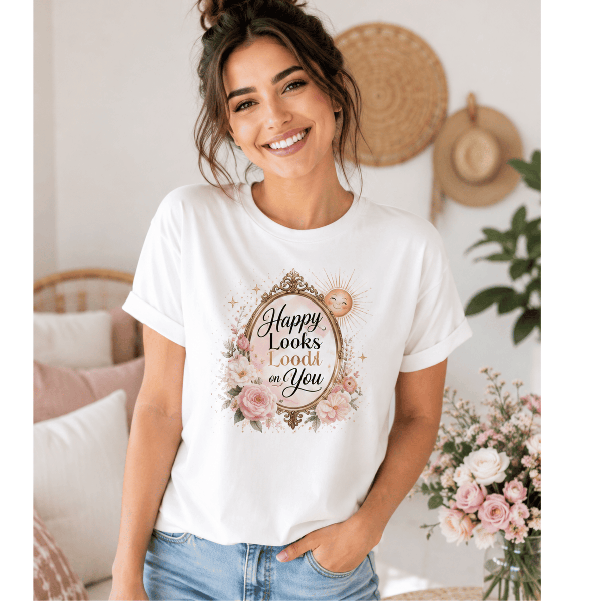 تيشيرت نسائي بتصميم Happy Looks Good on You