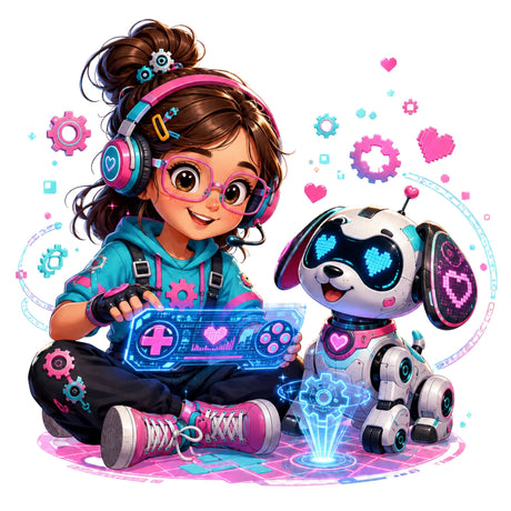 تيشيرت أطفال بتصميم Robot Pet Gamer Girl