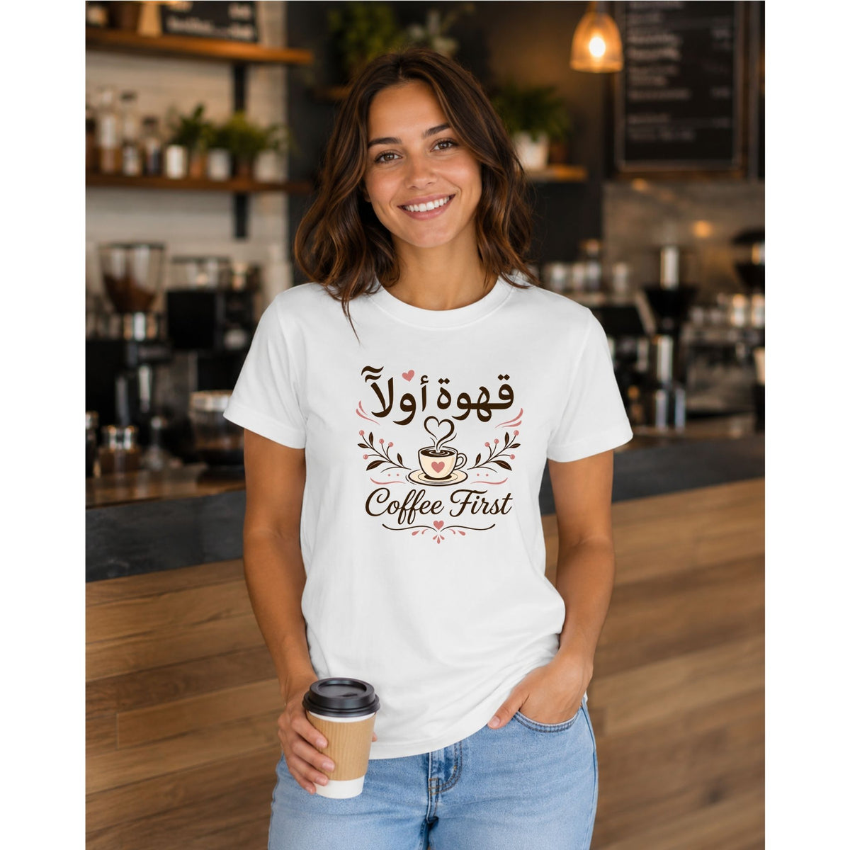 تيشيرت نسائي بتصميم Coffee First (Arabic)