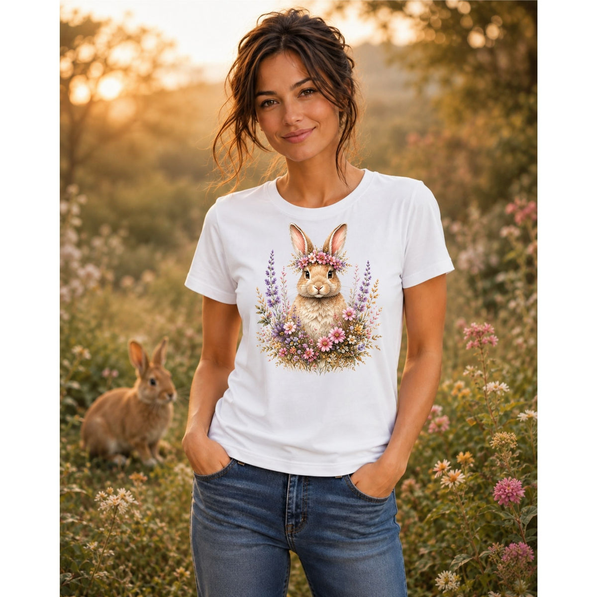 Serene Bunny in Pastel Flowers – Women’s T-Shirt