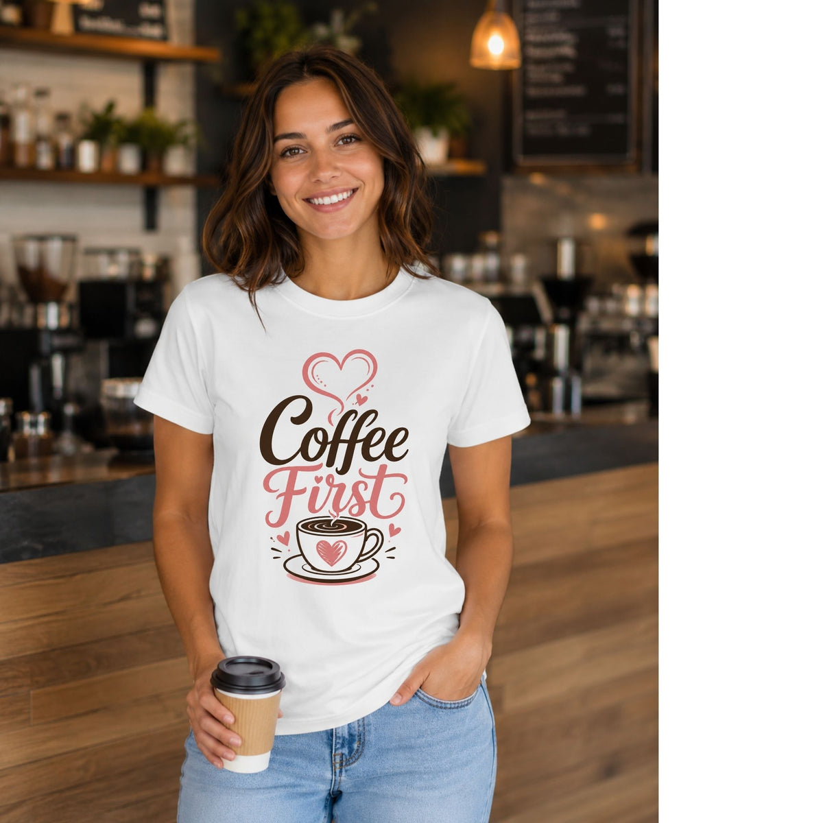 تيشيرت نسائي بتصميم Coffee First (English)